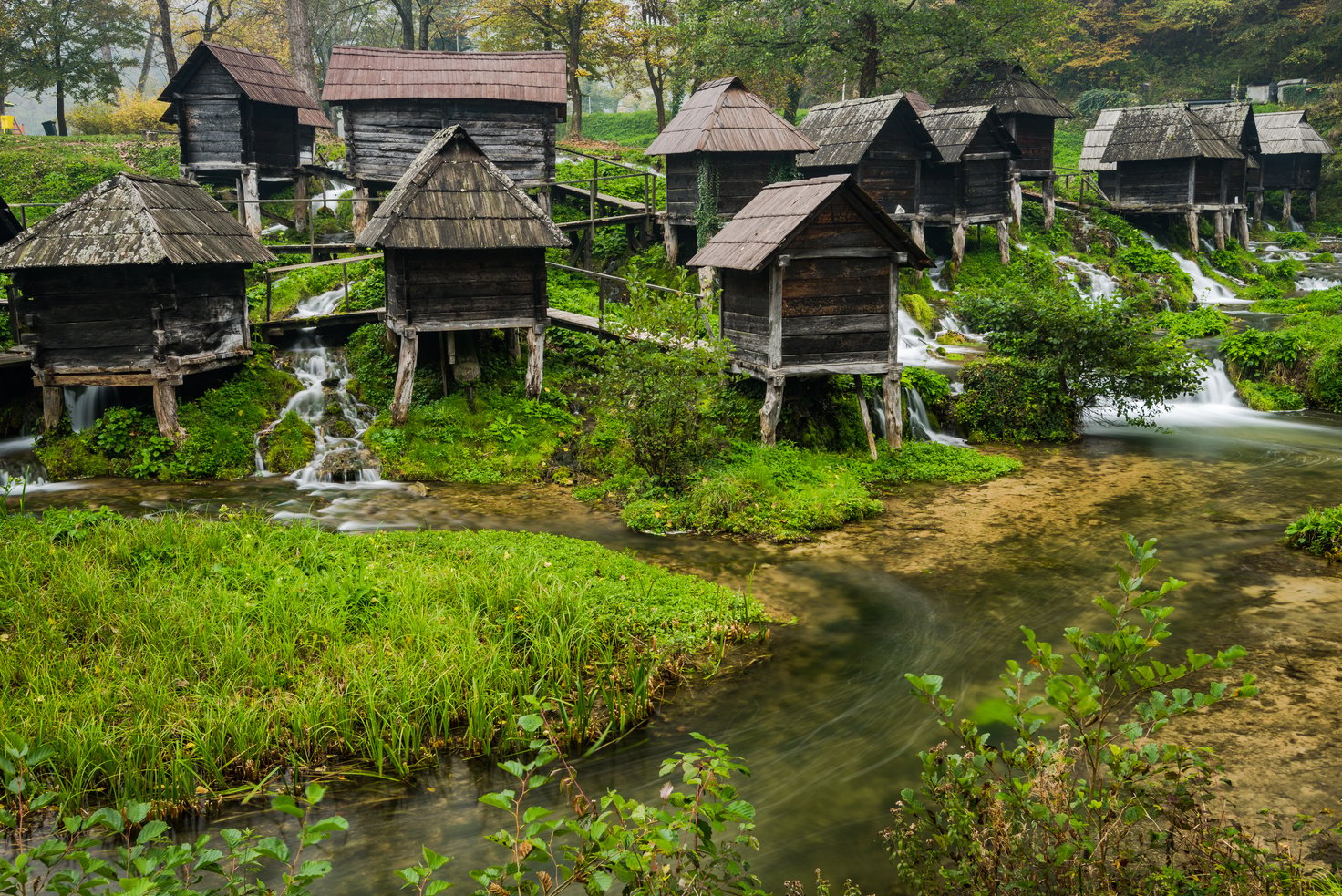 Old Wooden Waterills of Jajce on River, Bosnia and Herzegovina