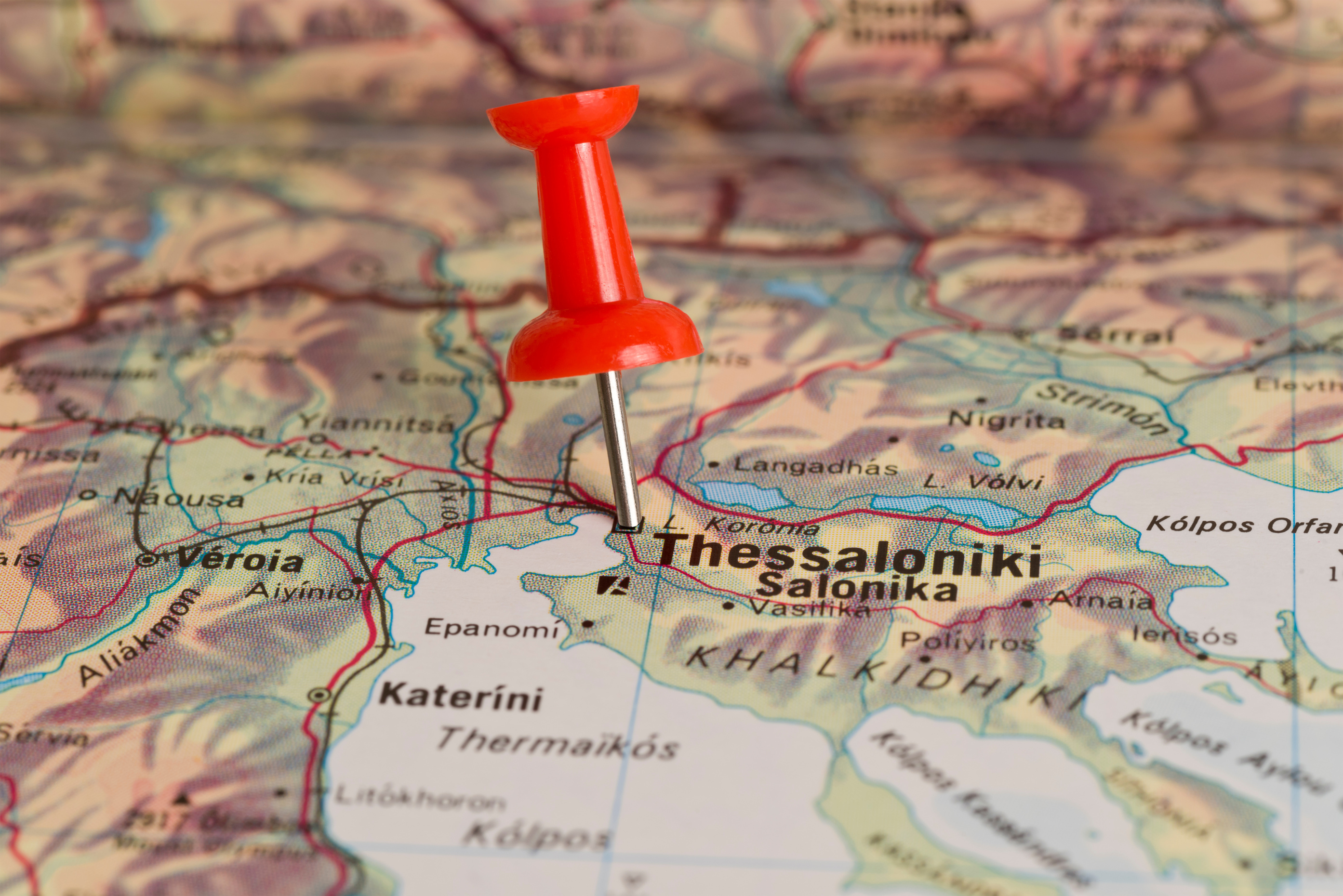 Thessaloniki Marked With Red Pushpin on Map